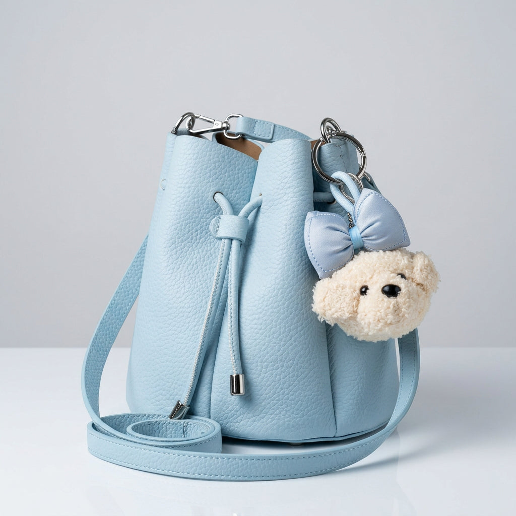 Bear Charm Drawstring Bucket Bag