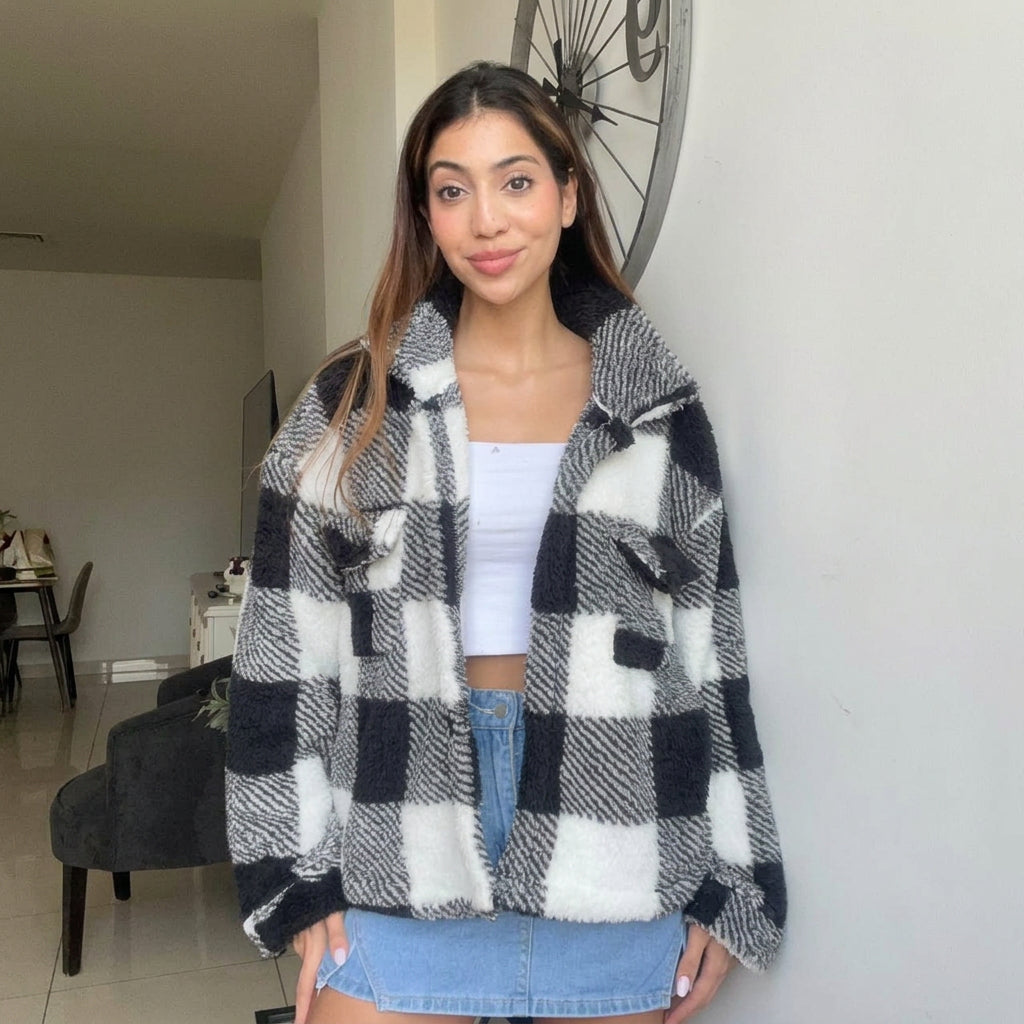 Black and White Buffalo Check Sherpa Shacket