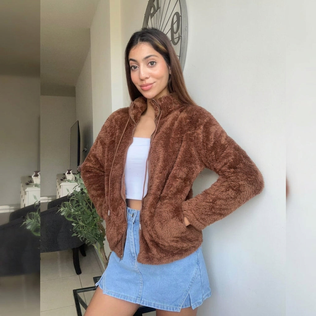 Brown Teddy Fleece Zip Jacket