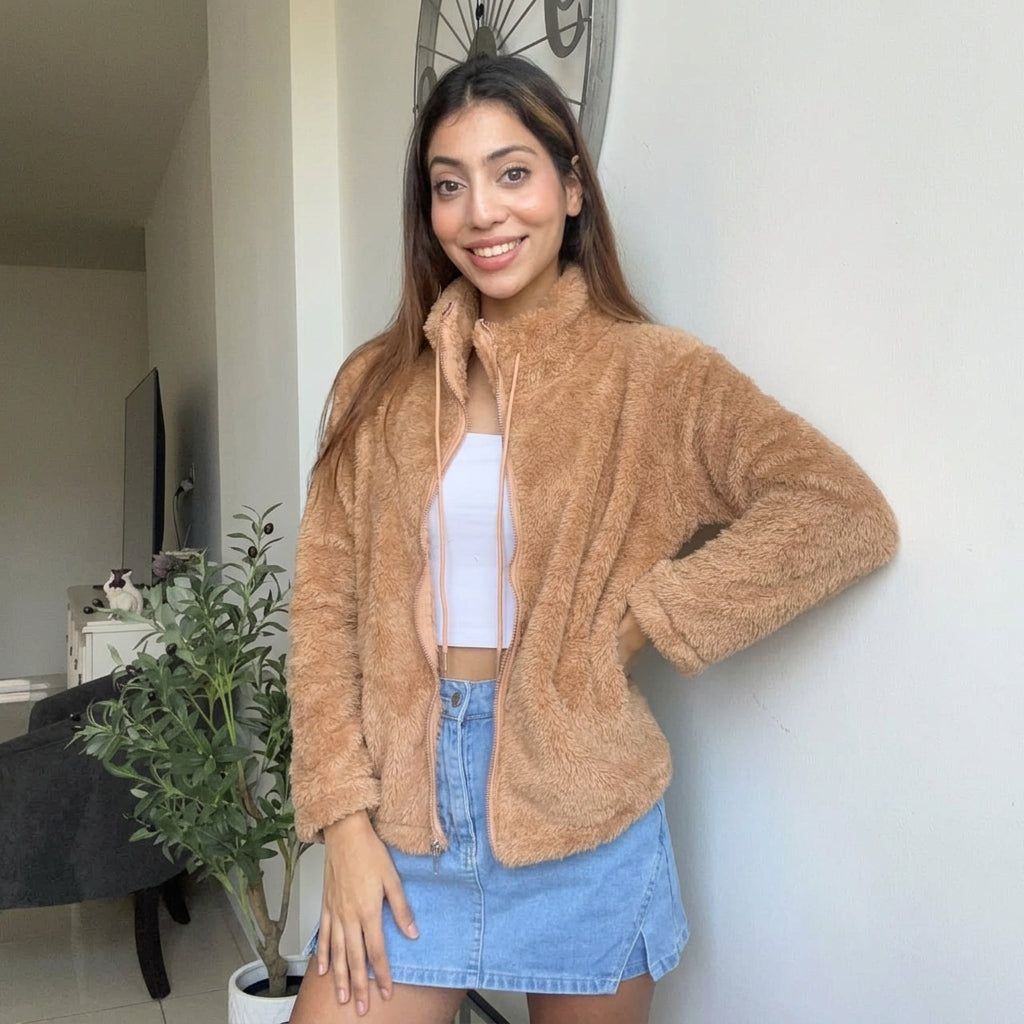 Camel Teddy Fleece Zip Jacket