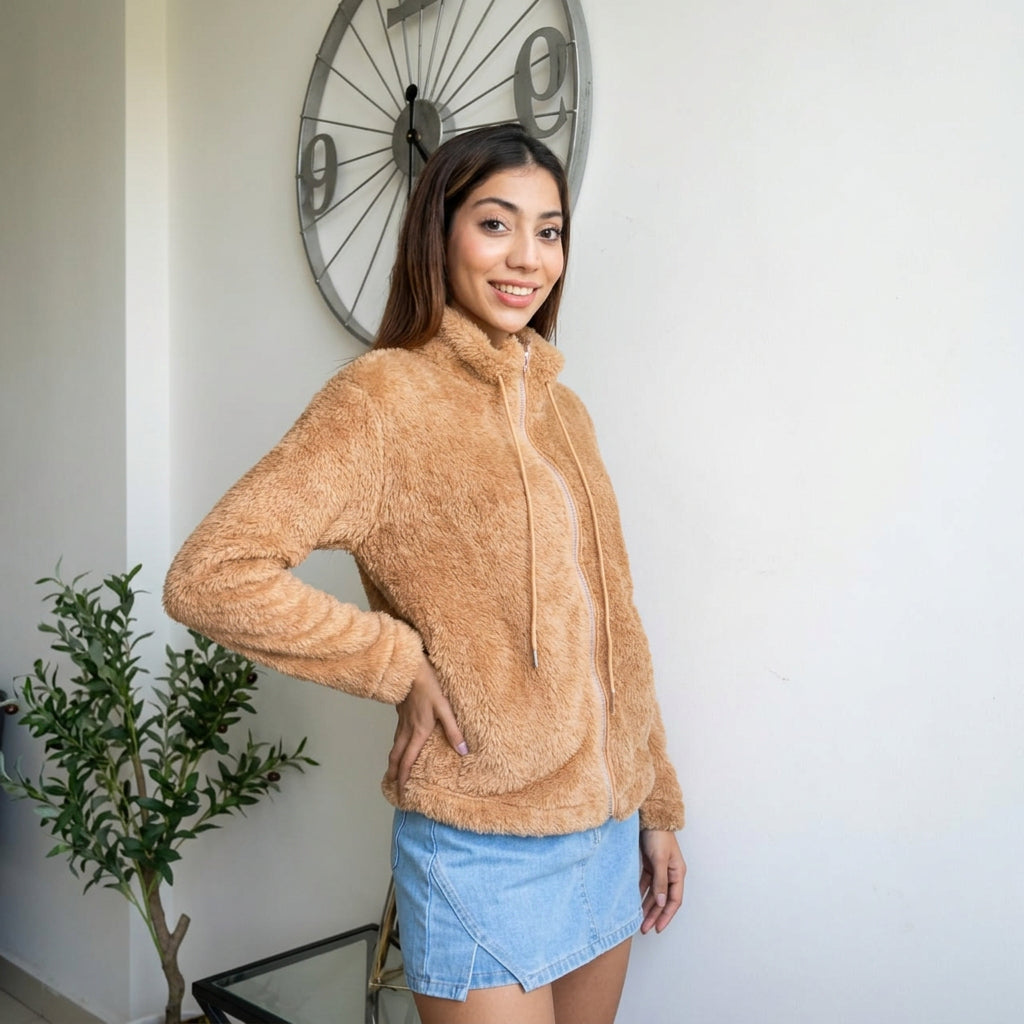 Camel Teddy Fleece Zip Jacket