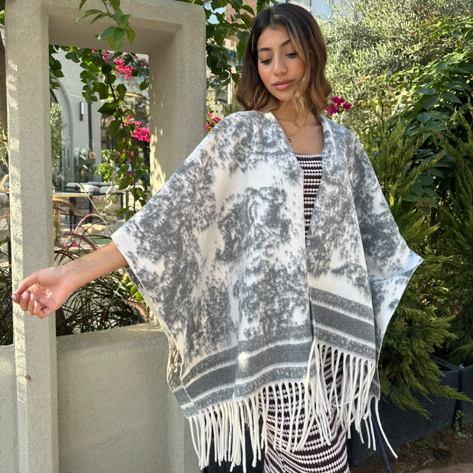 Distressed Print Fringe Blanket Wrap