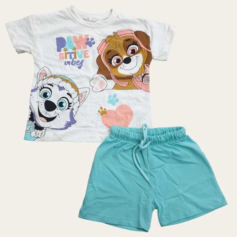 White-Aqua Paw Sitive Vibes Shorts Set