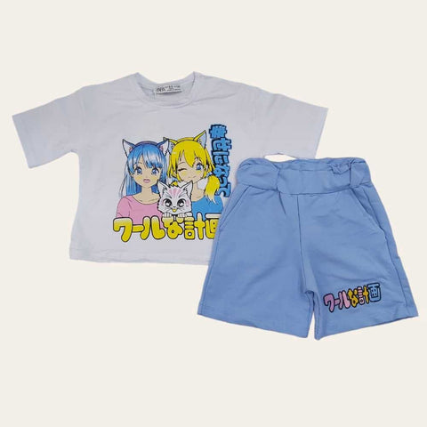 White-Blue Cute Anime Girls Shorts Set