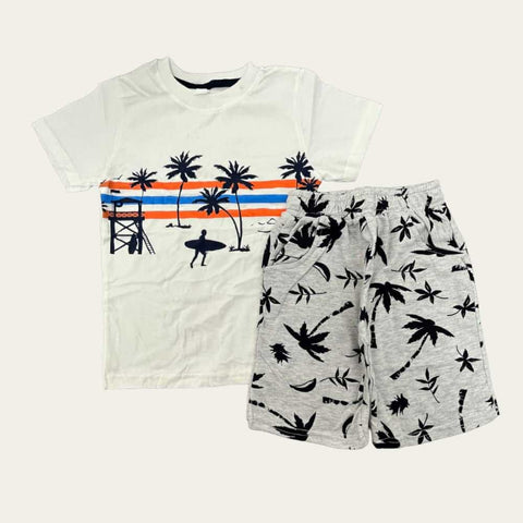 White-Grey Palm Tree Shorts Set