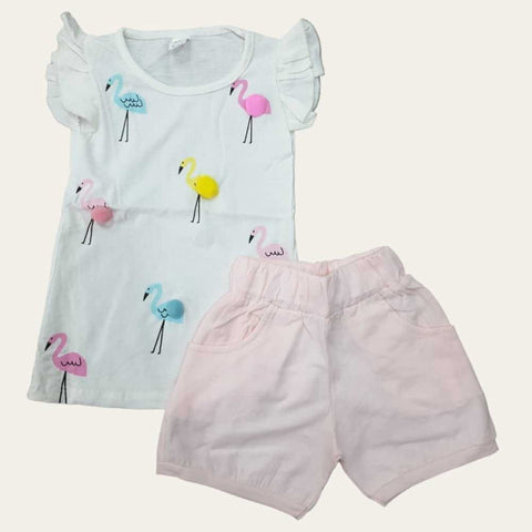 White-Light Pink Flamingo Shorts Set
