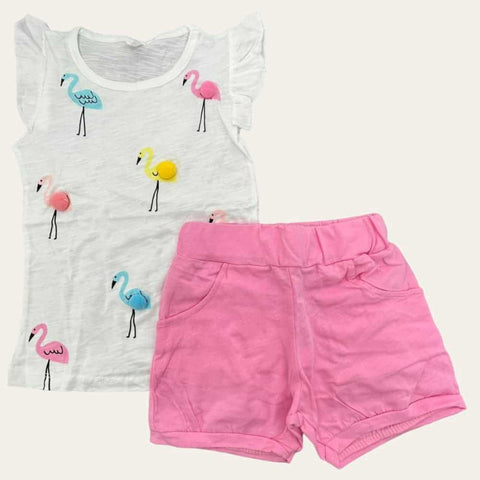White-Pink Flamingo Shorts Set