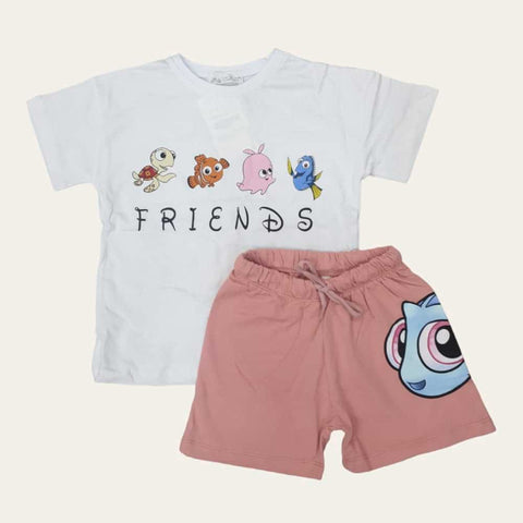 White-Pink Friends Shorts Set