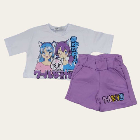 White-Purple Cute Anime Girls Shorts Set