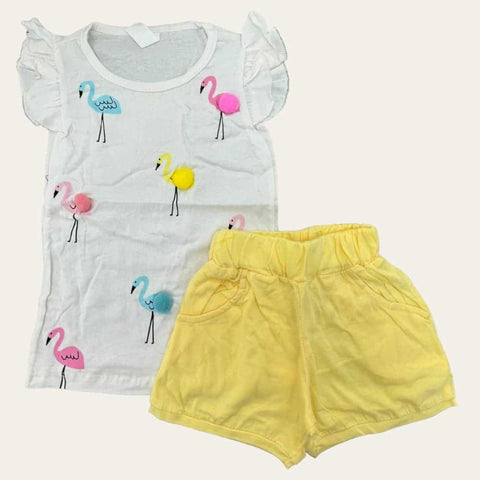 White-Yellow Flamingo Shorts Set