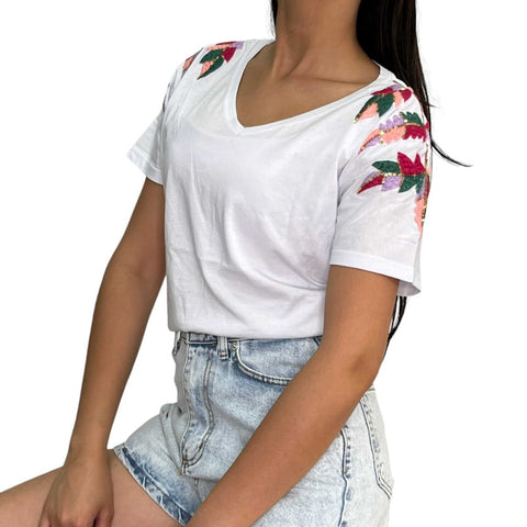 White Leaf Embroidered T-Shirt