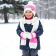 Cream and pink knitted three piece winter set with bobble hat, scarf and mittens