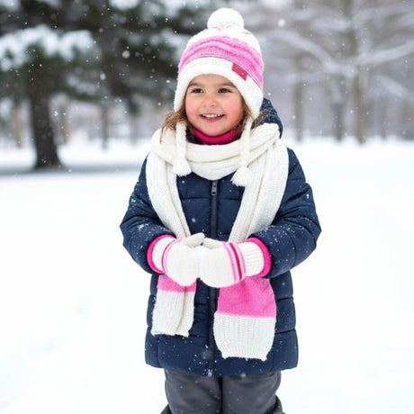 Cream and pink knitted three piece winter set with bobble hat, scarf and mittens