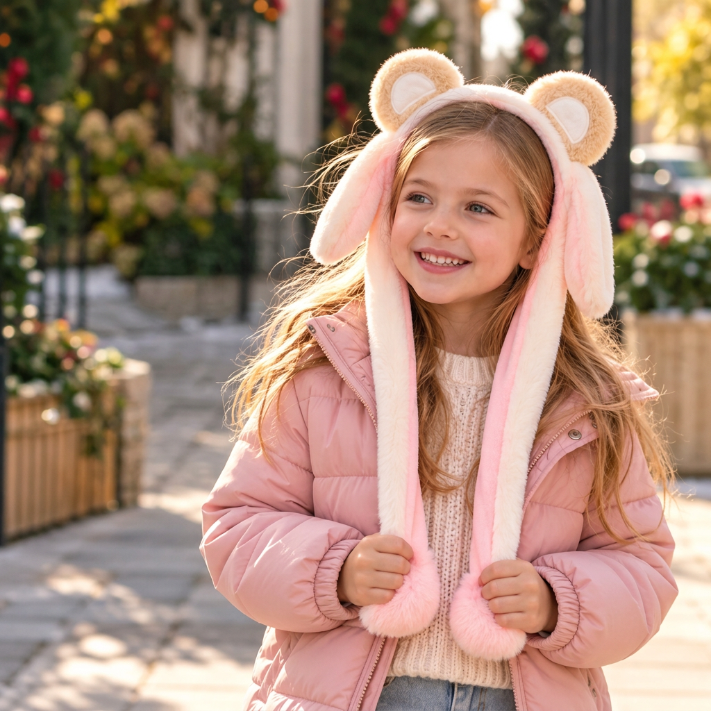 Girl in a pink jacket wearing a cream bear ear headband with long pink ear flaps on a festive street