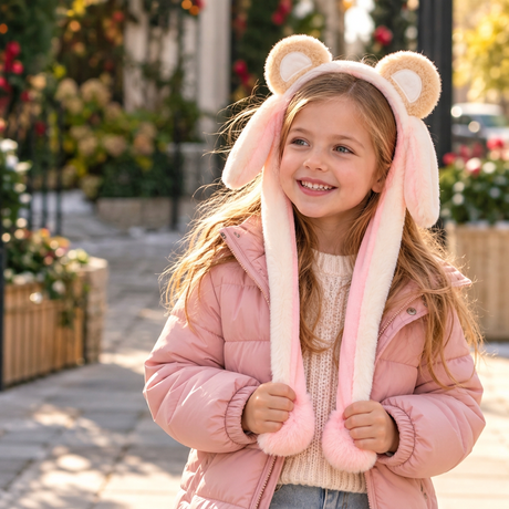Girl in a pink jacket wearing a cream bear ear headband with long pink ear flaps on a festive street
