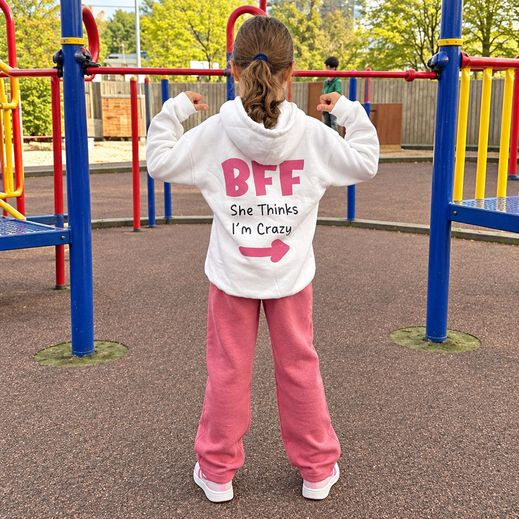 Back of the white BFF hoodie showing the pink lettering and smiley faces