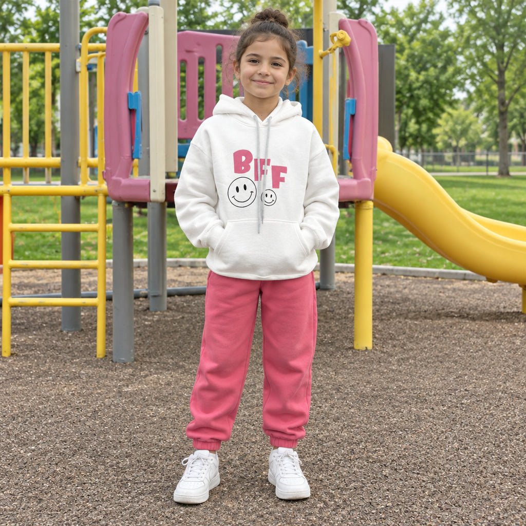 White hoodie with pink BFF smiley lettering worn with pink joggers outdoors