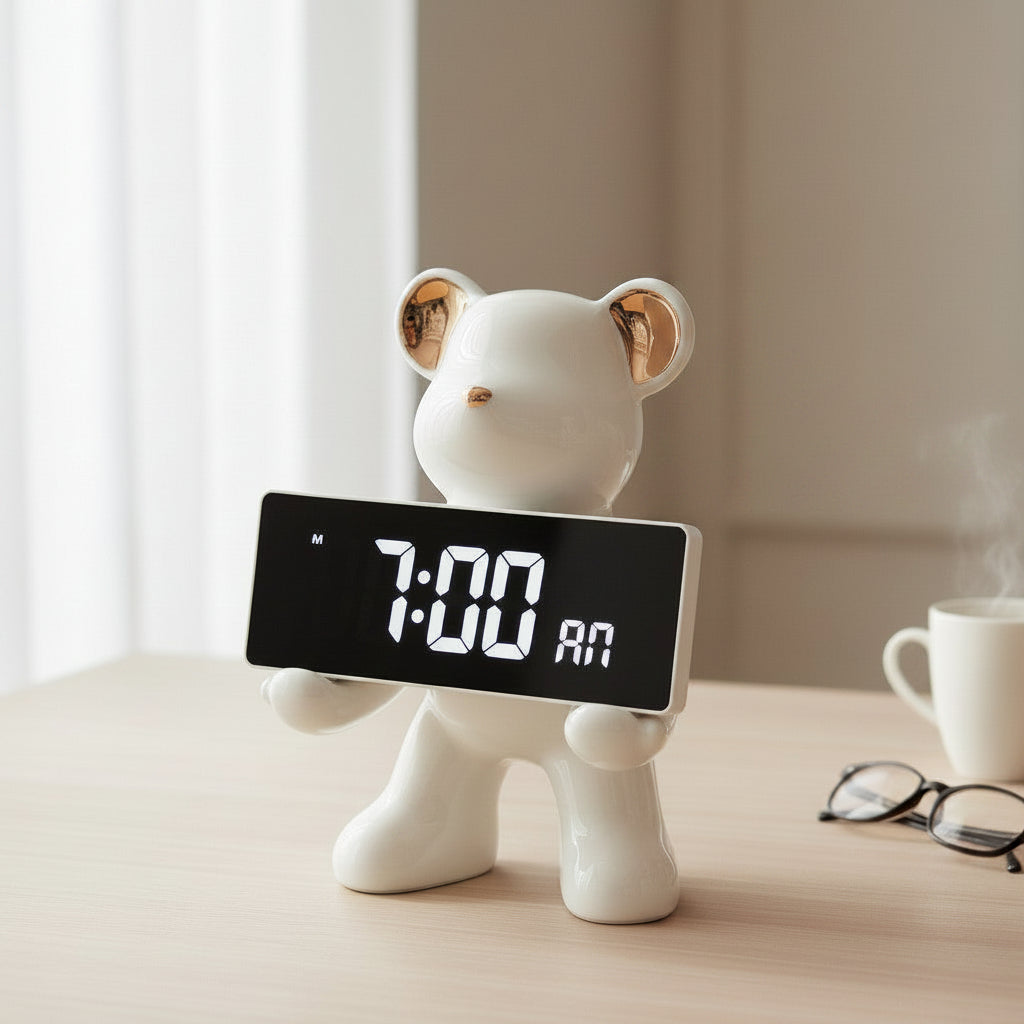 Glossy white bear with gold inner ears holding a black clock face lit with white digits