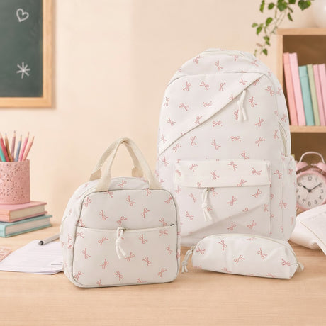 Ivory backpack set with pink bow print, lunch bag and pencil case, Jack Gifts Online Lebanon