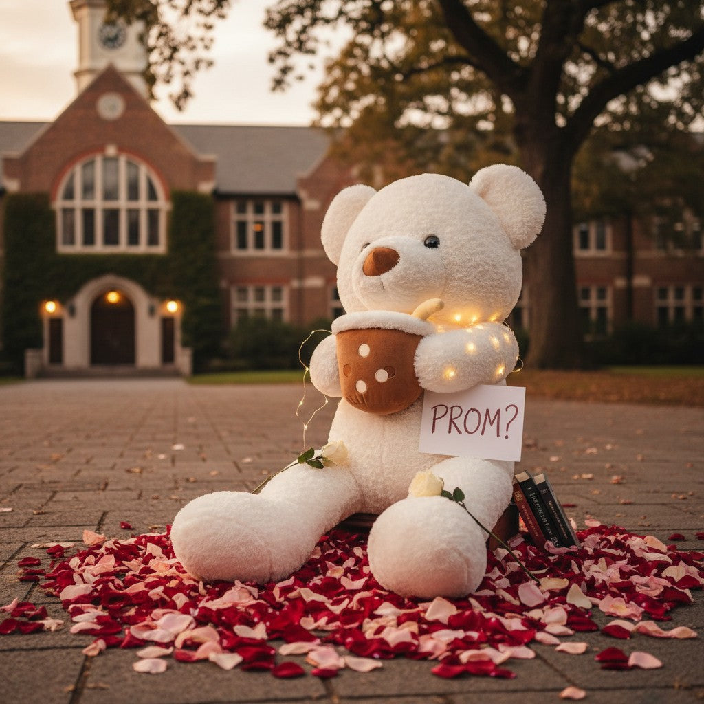 White curly teddy bear seated outdoors with a boba cup plush and fairy lights