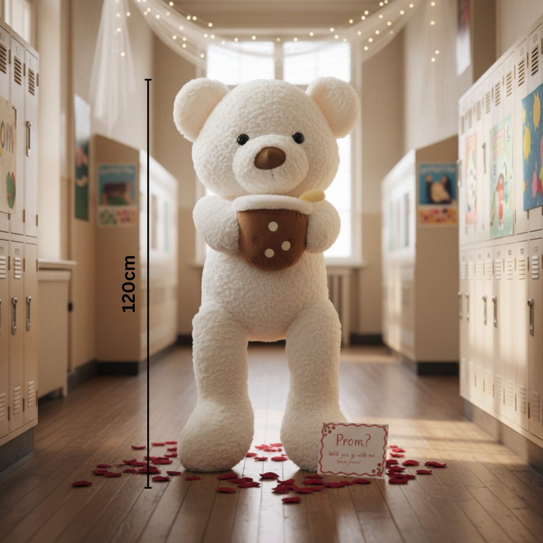 White curly teddy bear hugging a boba cup plush beside a 120cm measuring line