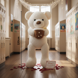White curly teddy bear hugging a boba cup plush beside a 120cm measuring line