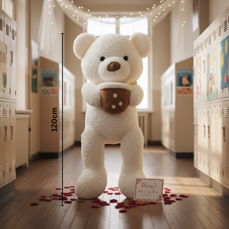 White curly teddy bear hugging a boba cup plush beside a 120cm measuring line