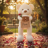 White curly teddy bear holding a brown boba cup plush with a red rose under its arm