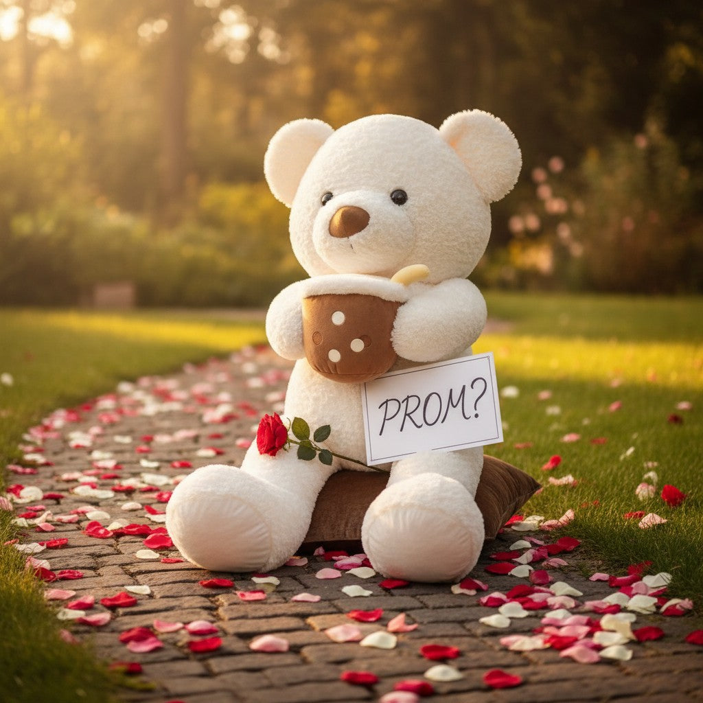 White curly teddy bear seated with a boba cup plush and a rose across its lap