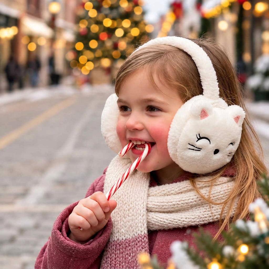Little girl with a candy cane wearing white cat face ear muffs and a cream scarf