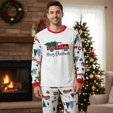 Men's white Christmas pyjamas with a red plaid truck and tree Merry Christmas print and tree print sleeves