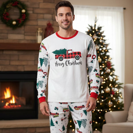 Men's white Christmas pyjamas with a red plaid truck and tree Merry Christmas print and tree print sleeves