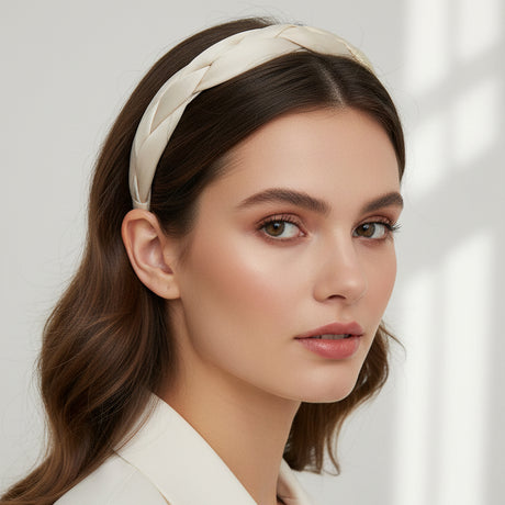 White braided twist headband worn with long waves