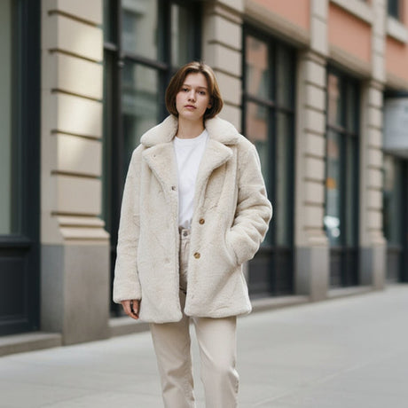 Woman wearing a white fur coat standing on a city street