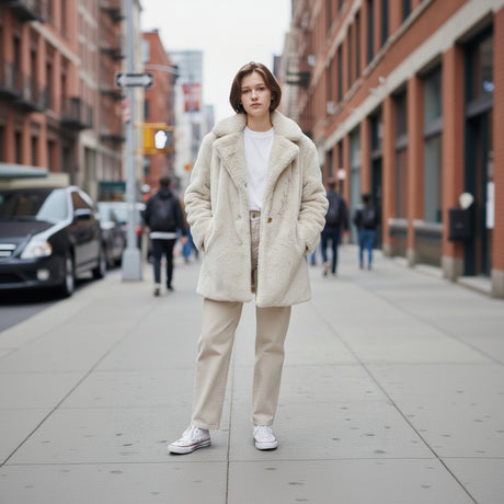 Person wearing a white fur coat on a city street