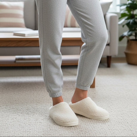 Pair of white slippers on a carpet