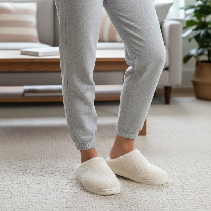 Standing view of ivory nubby mules on a thick stepped cushioned midsole