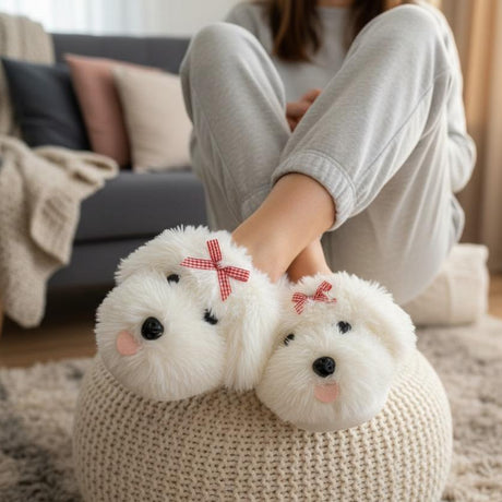 White plush puppy slippers with floppy ears worn on a soft rug