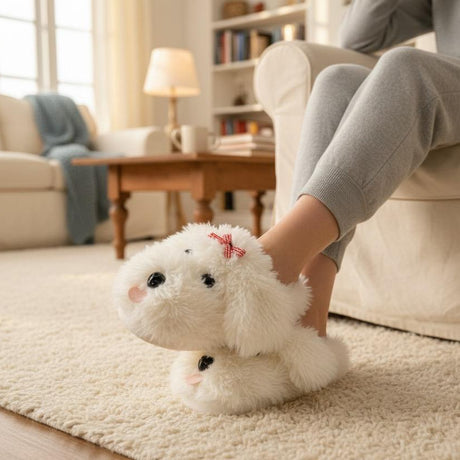 Kids white fluffy puppy slippers with a red gingham bow, Jack Gifts Online Lebanon