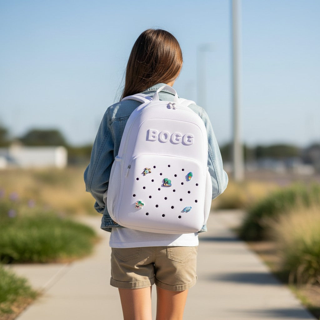 White dotted rubber backpack for kids with beach charm pins