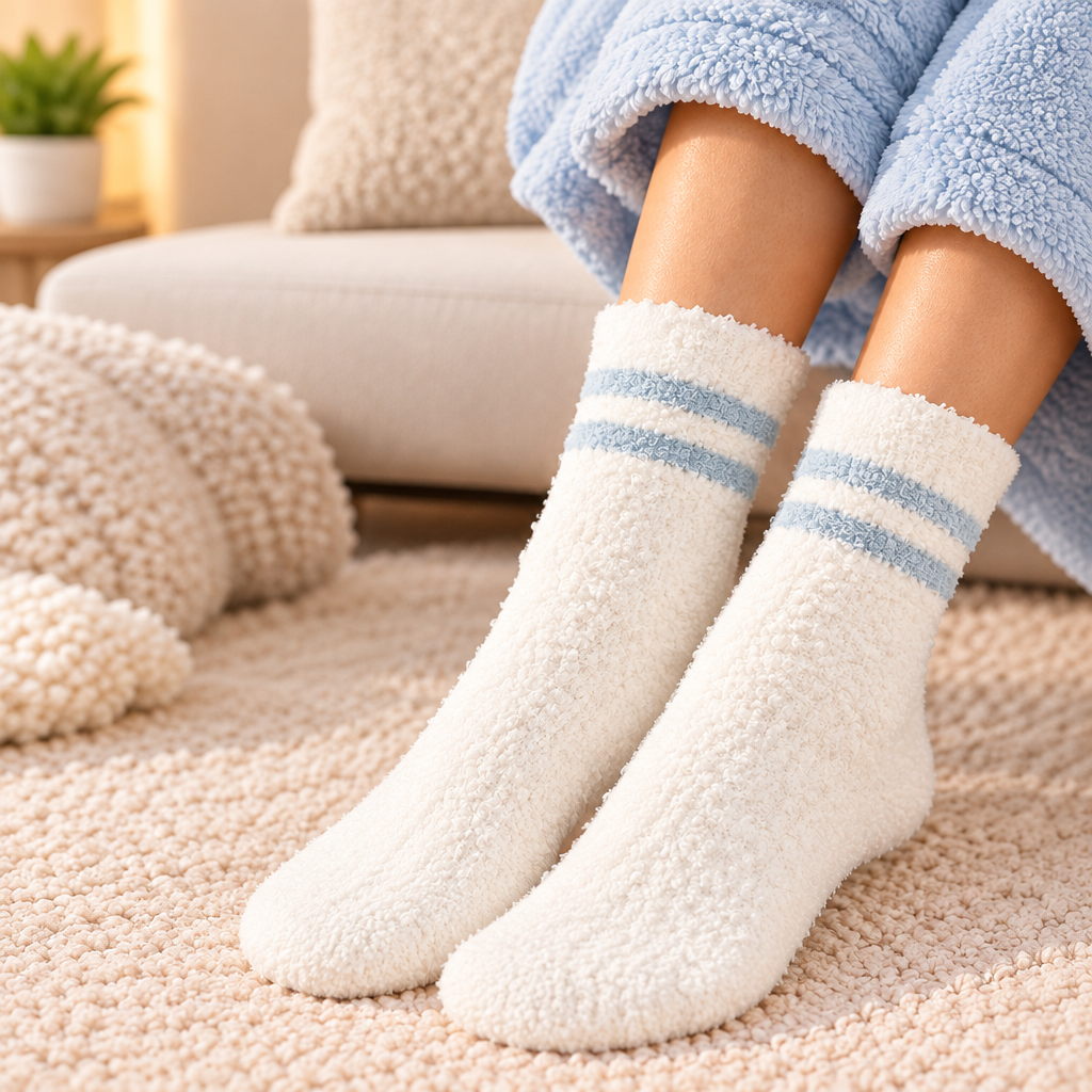 Fuzzy white kids socks with two blue stripes at the cuff worn on a cream rug
