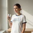 White tshirt with blue text 'Breathe Deep Drink Water'