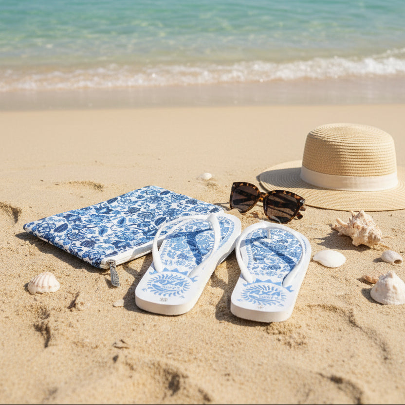 Flip-flops with blue floral pattern on sand by the ocean