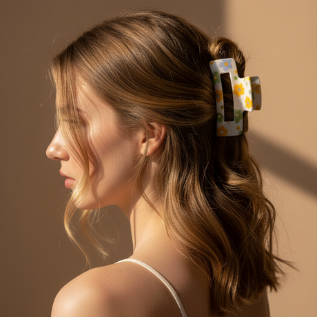 White claw clip with yellow and green flowers, worn in loose waves