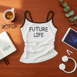 White tank top with 'FUTURE LIFE' text on a wooden surface with a cup, glasses, and tablet.