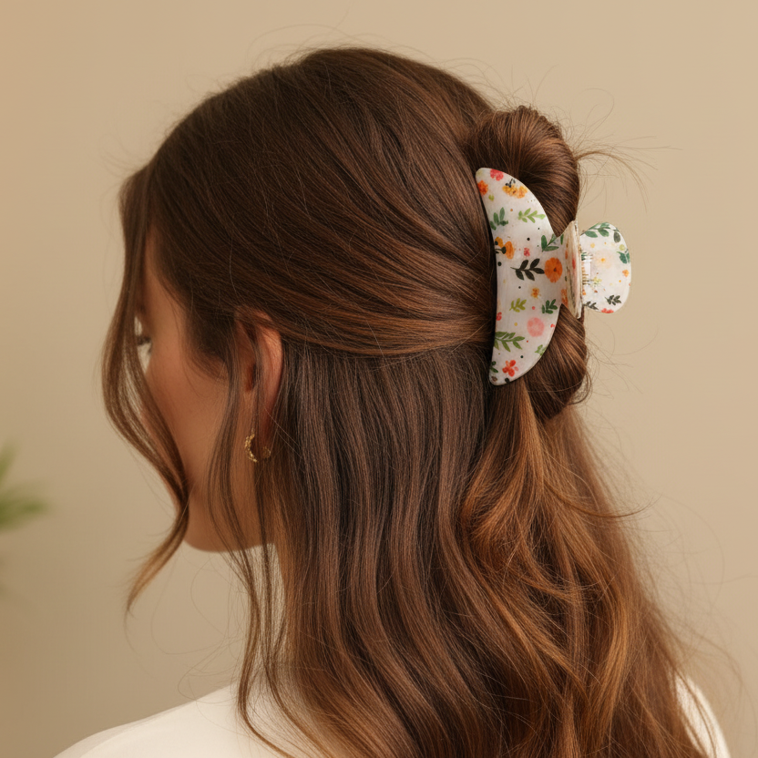 Cream garden print claw clip holding a half up twist, soft daylight
