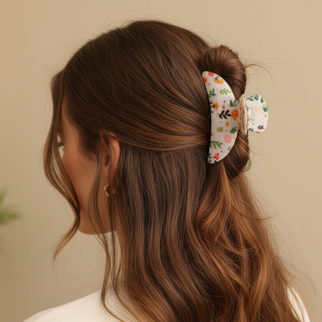 Cream garden print claw clip holding a half up twist, soft daylight