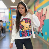Person wearing a white hoodie with a colorful graphic design of Hello Kitty in a school hallway