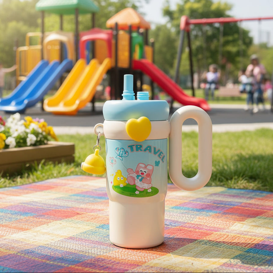 Children's tumbler with cartoon design on a white surface