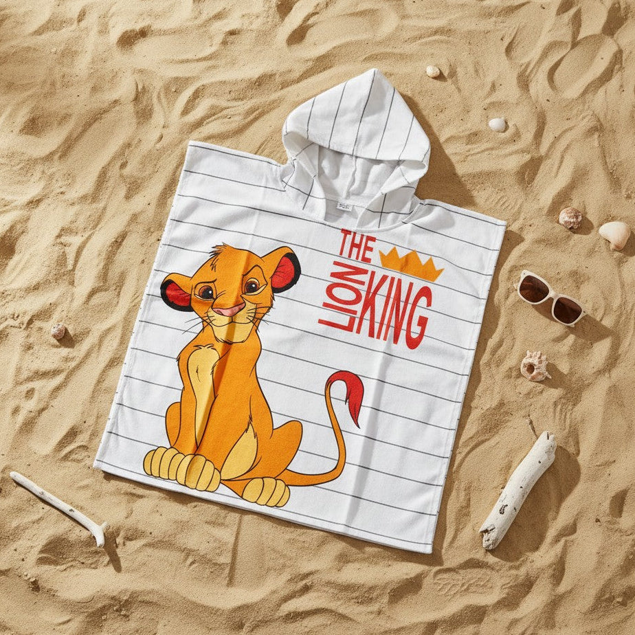 White pinstriped Lion King Simba hooded poncho towel flat lay on sand